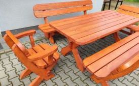 Meble ogrodowe drewniane zestaw stół 2 ławki 2 fotele
