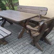 Meble ogrodowe drewniane zestaw stół 2 ławki 2 fotele