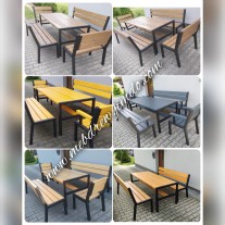 Meble ogrodowe loft drewno metal 2 ławki 2 fotele zestaw